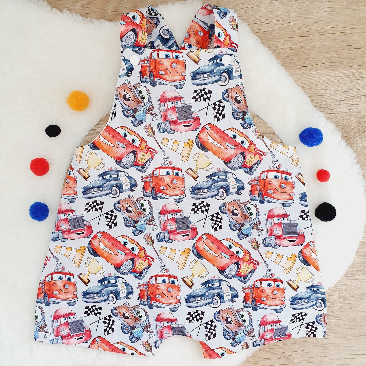 CARS print Overalls, Baby / Toddler Overalls, Short Leg Romper, Size 2