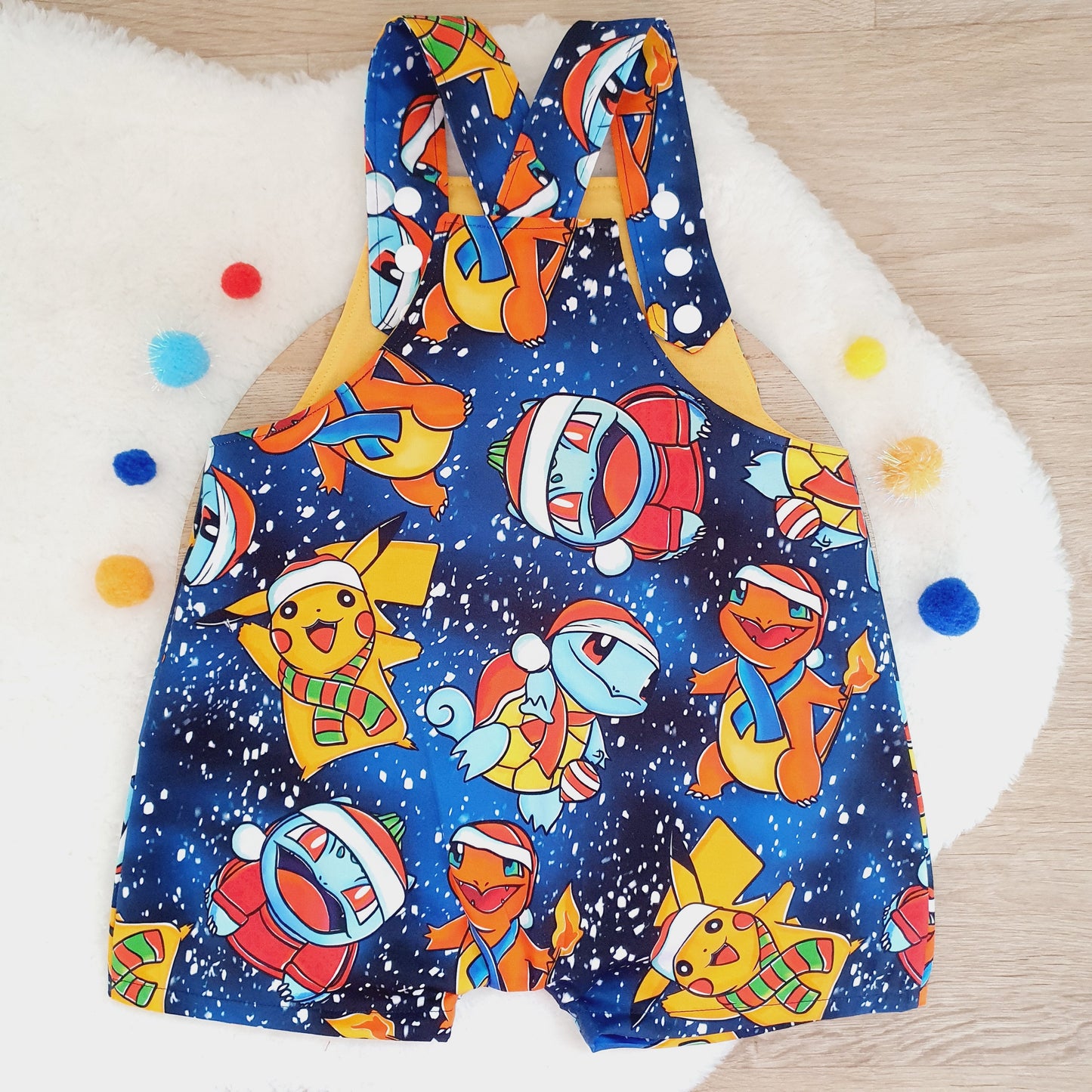 CHRISTMAS POKEMON print Overalls, Baby / Toddler Overalls, Short Leg Romper, Size 2