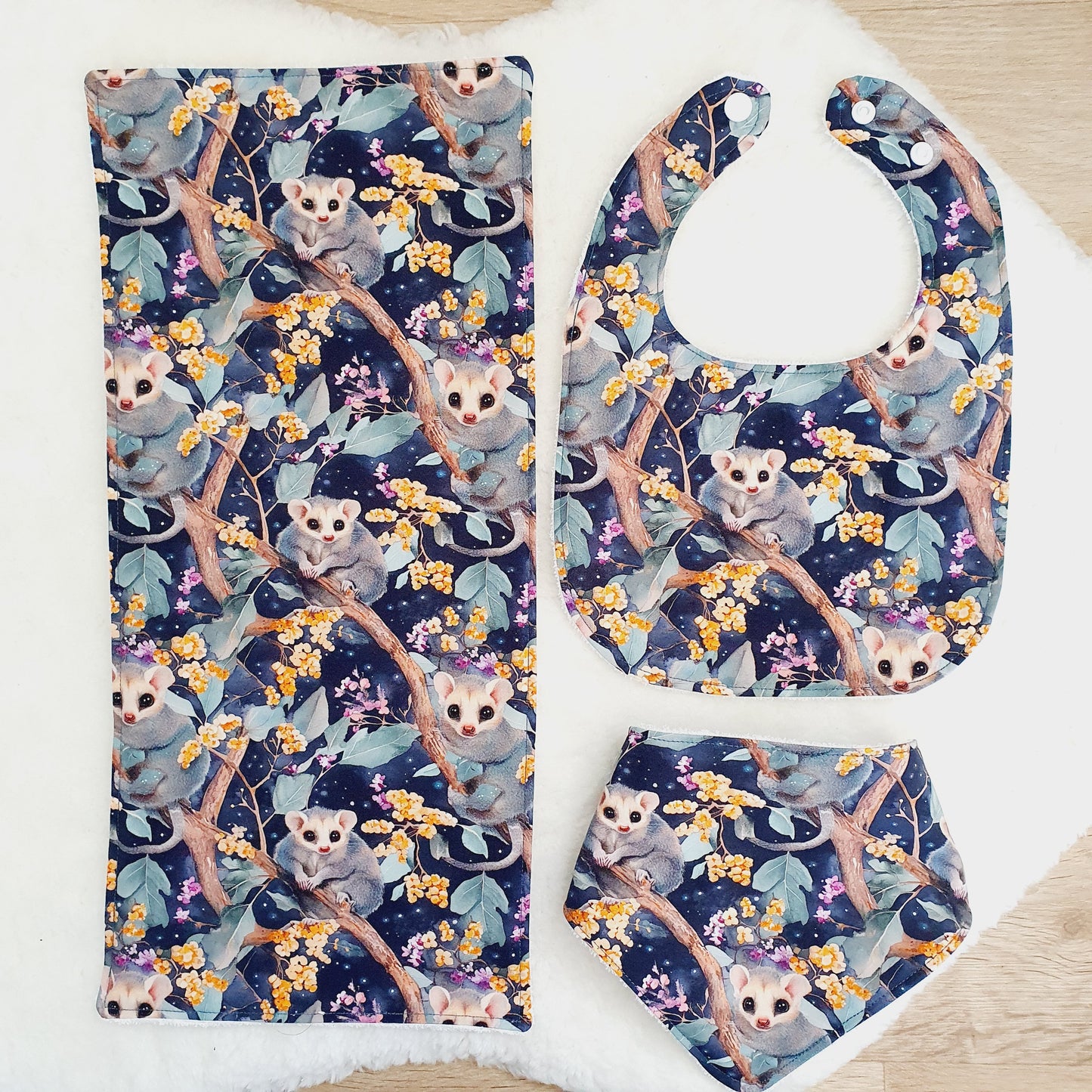 POSSUM Baby Bibs and Burp Cloth Gift Set, Baby Shower Gift, Newborn Gift, Australian Baby Gift