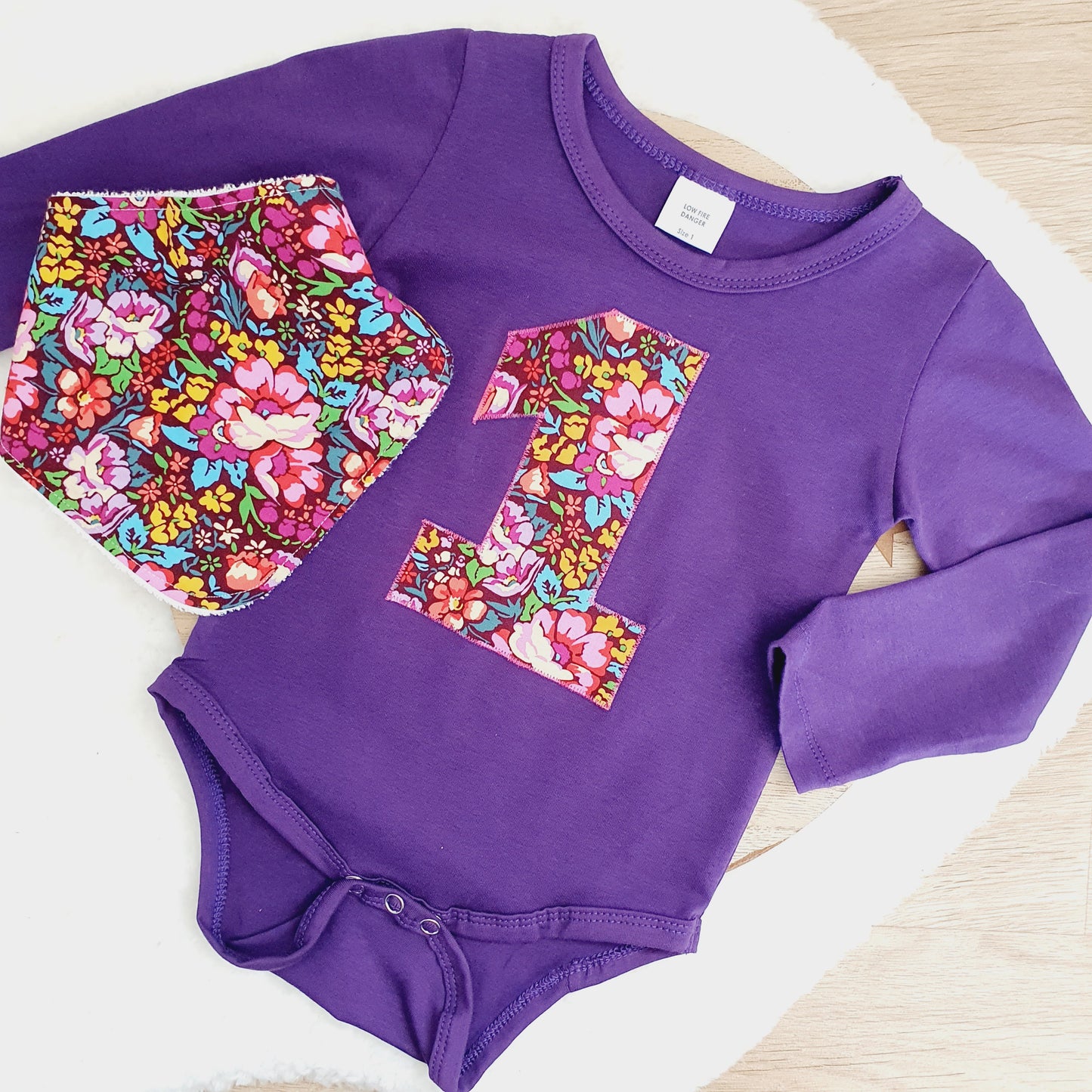 Floral Short Sleeve 1st Birthday Bodysuit and Bib Set, Size 1