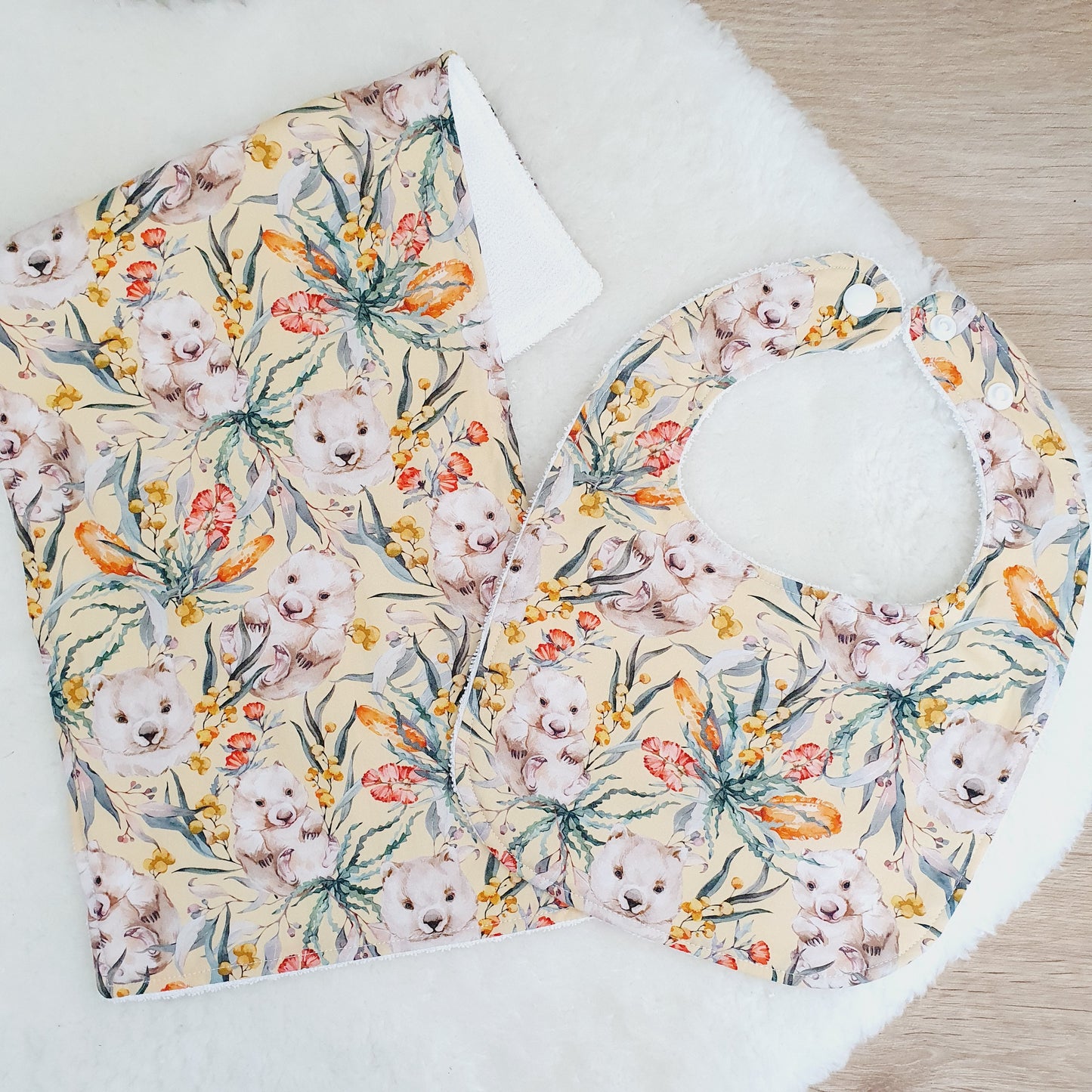 WOMBAT Baby Bib and Burp Cloth Gift Set, Baby Shower Gift, Newborn Gift, Australian Baby Gift