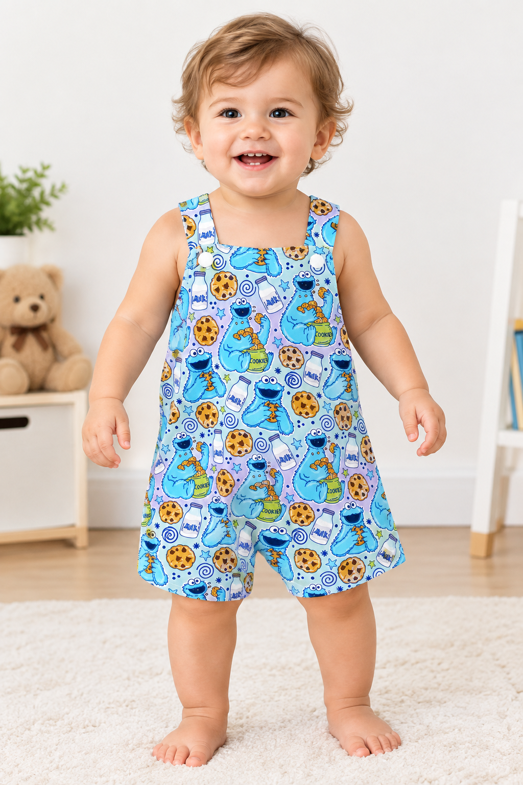 COOKIE MONSTER print Baby / Toddler Overalls, Short Leg Romper, Size 1