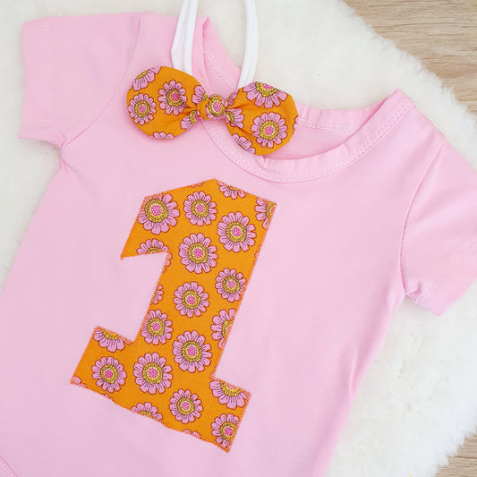 Girls 1st Birthday Short Sleeve Bodysuit & Headband Set, Size 0