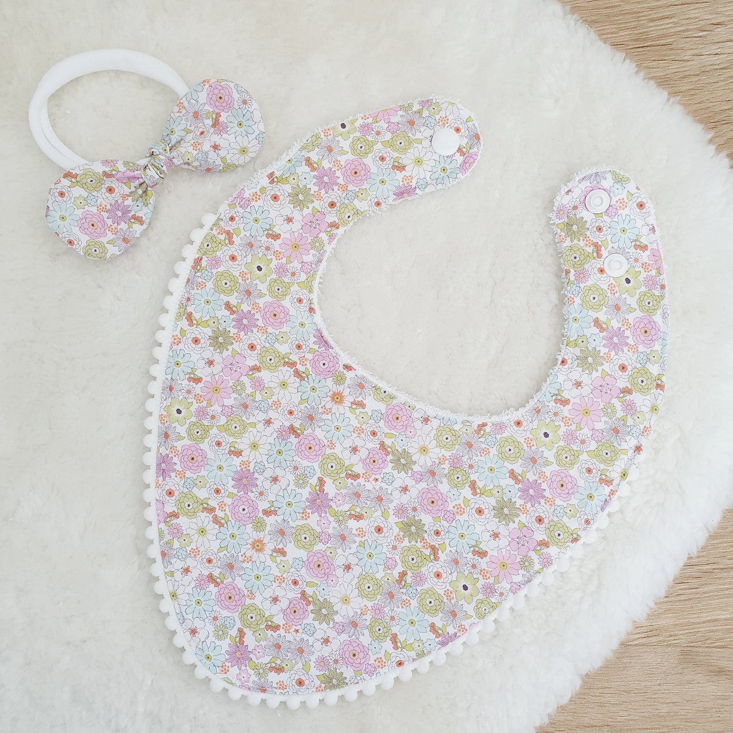 Pom Pom Trim Bandana Dribble Bib and Headband Bow, Handmade Baby Bib, Cotton / Bamboo, Ultra Absorbent