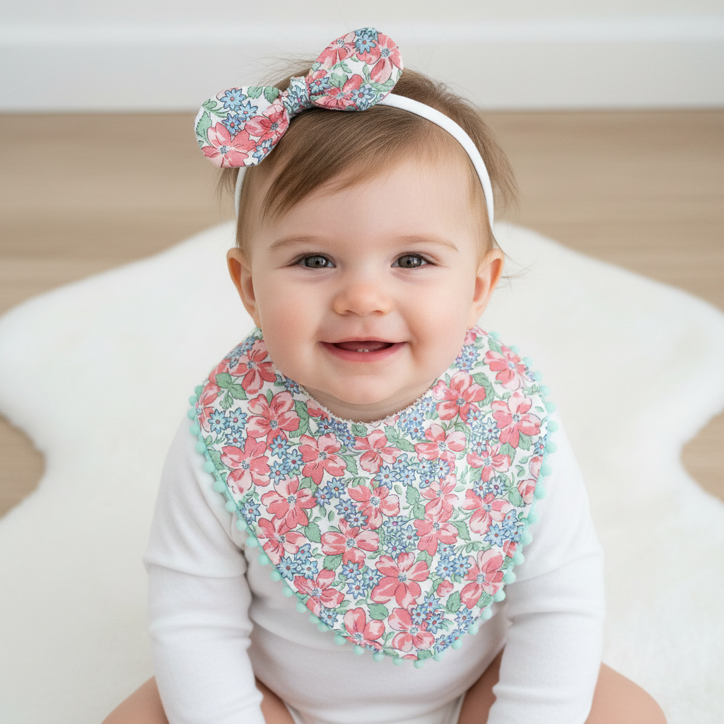 Pom Pom Trim Bandana Dribble Bib and Headband Bow, Handmade Baby Bib, Cotton / Bamboo, Ultra Absorbent