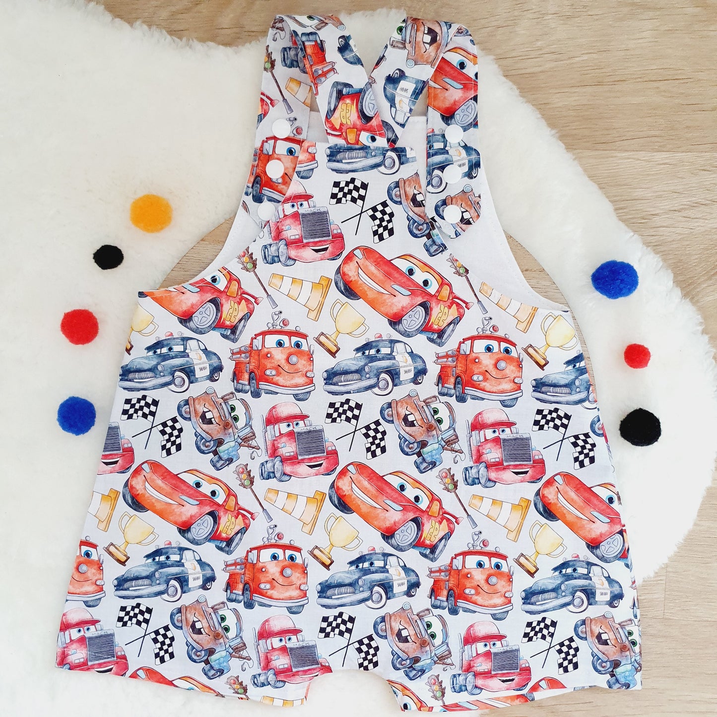 CARS print Overalls, Baby / Toddler Overalls, Short Leg Romper, Size 2