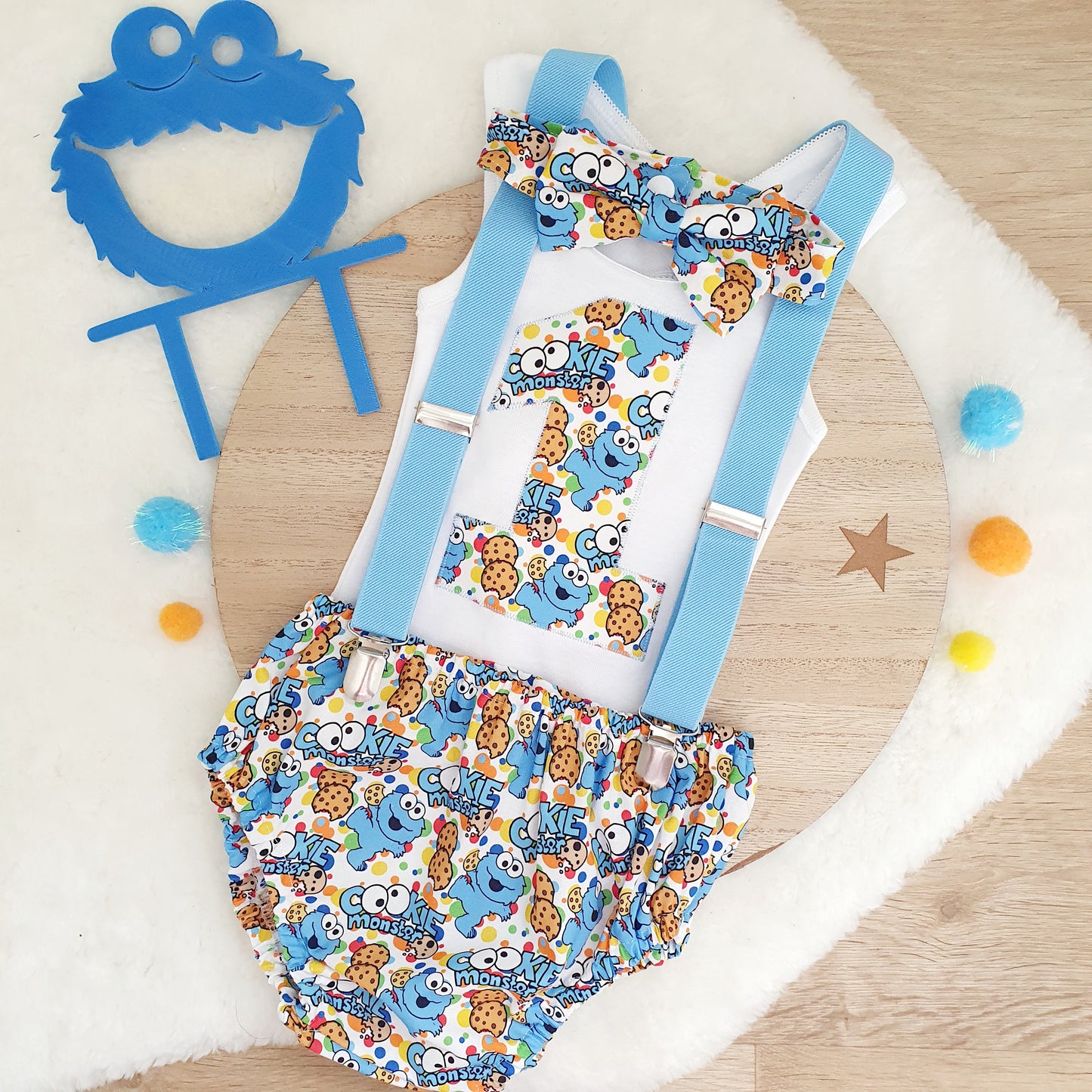 COOKIE MONSTER print Boys 1st Birthday Outfit, Size 0