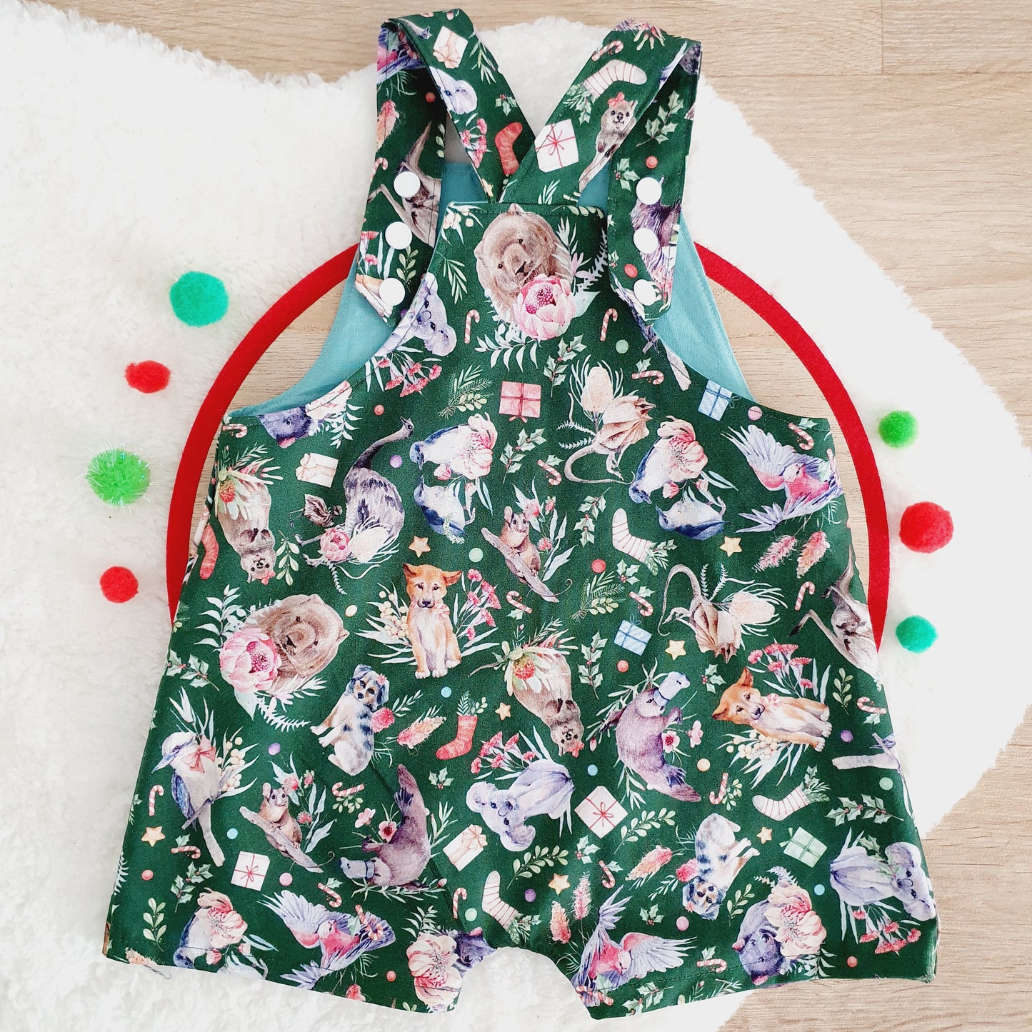 CHRISTMAS AUSSIE ANIMALS Overalls, Baby / Toddler Overalls, Short Leg Romper, Size 2