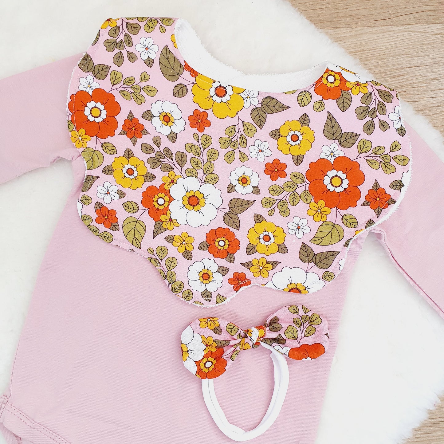 Groovy Handmade Scalloped Baby Bib and Headband Set