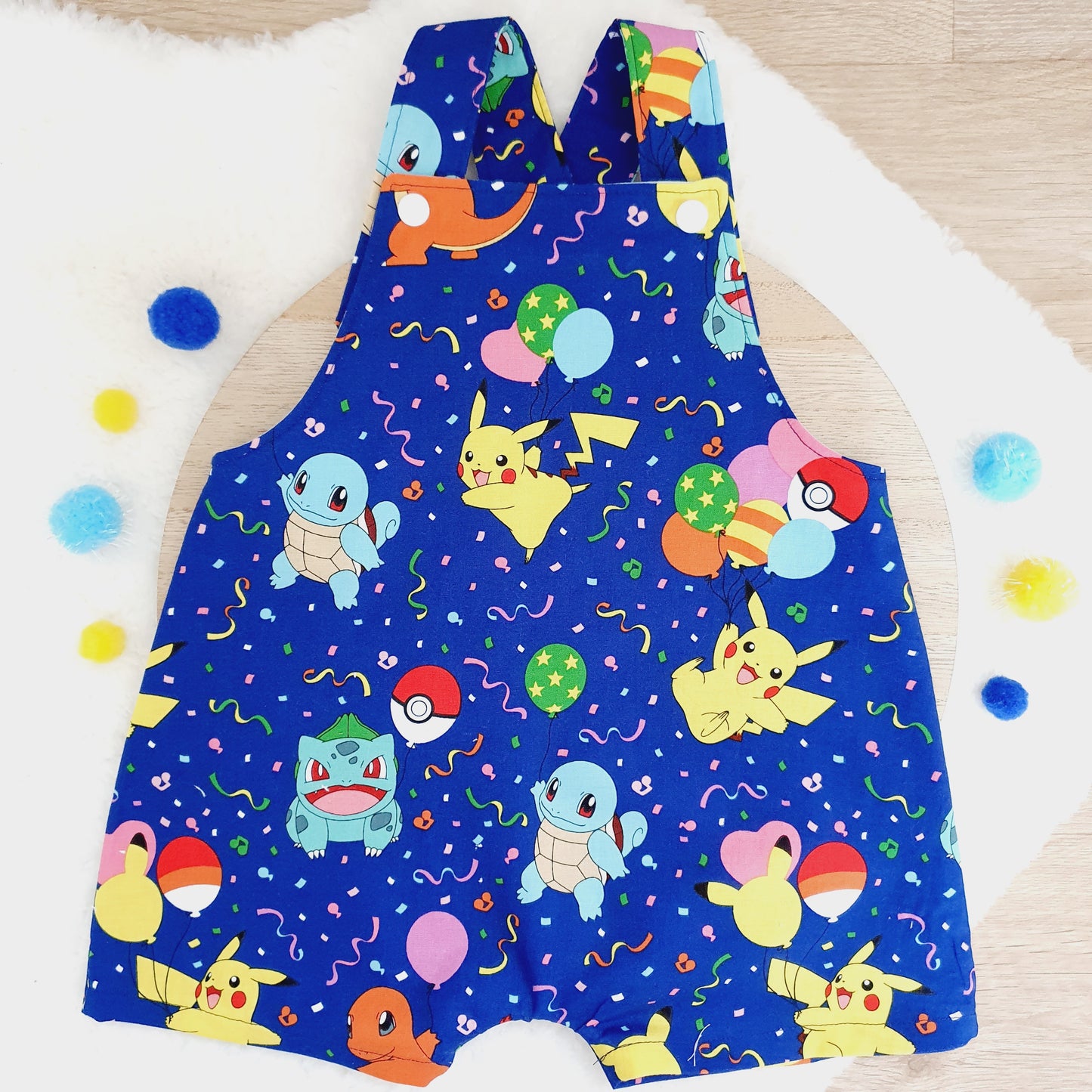 POKEMON PARTY print Overalls, Baby Overalls, Short Leg Romper, Size 1