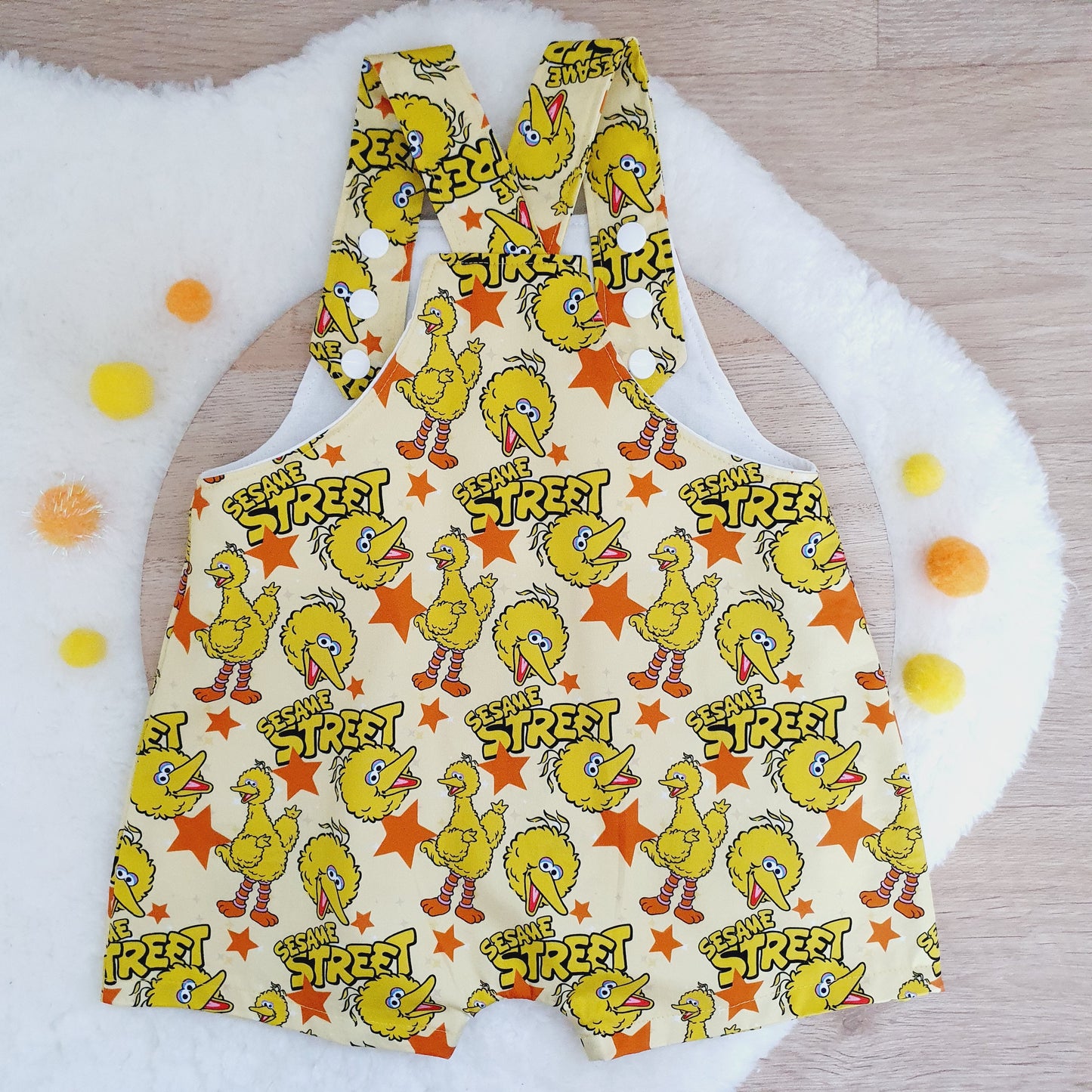 BIG BIRD print Overalls, Baby Overalls, Short Leg Romper, Size 1