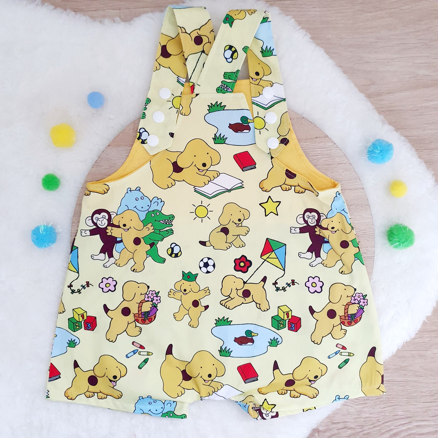 SPOT ON YELLOW print Overalls, Baby Overalls, Short Leg Romper, Size 1