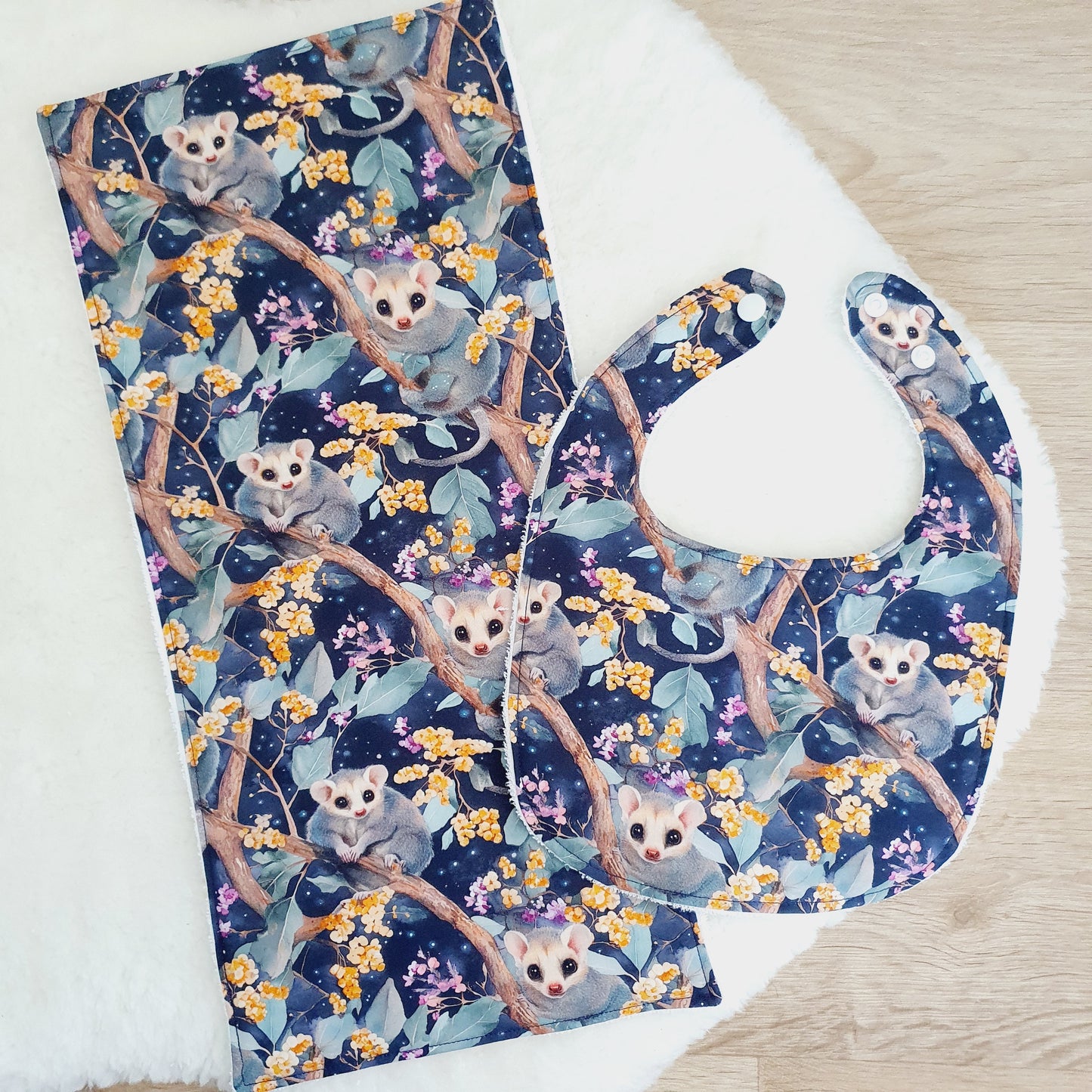 Possum Baby Bib and Burp Cloth Gift Set, Baby Shower Gift, Newborn Gift