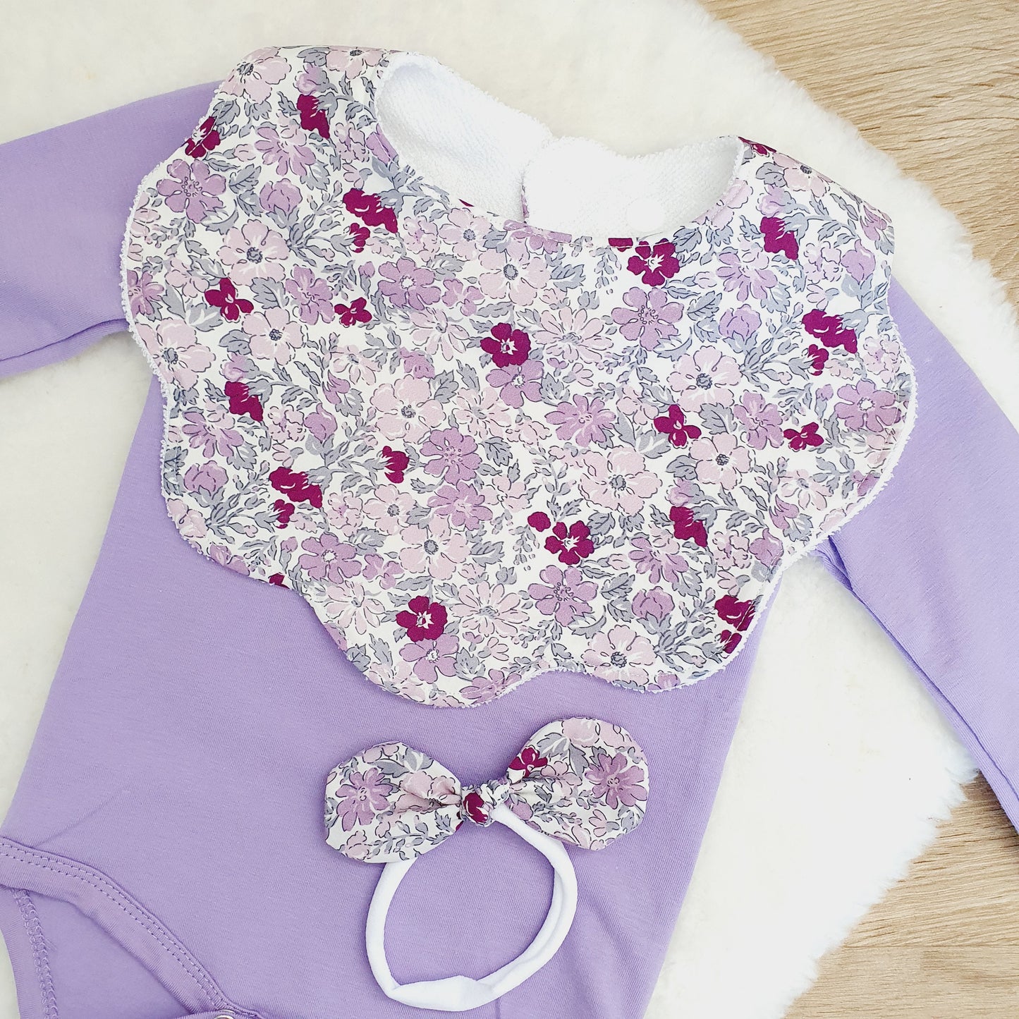 Floral Handmade Scalloped Baby Bib and Headband Set