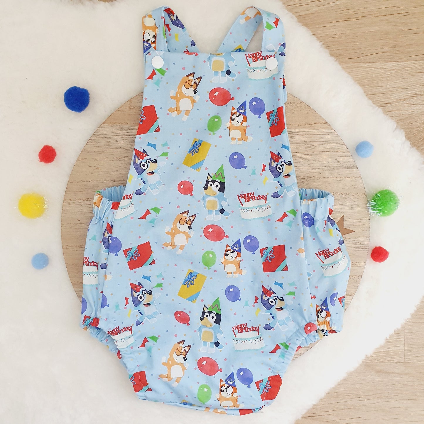 BLUE DOG BIRTHDAY print Baby Romper, Size 1