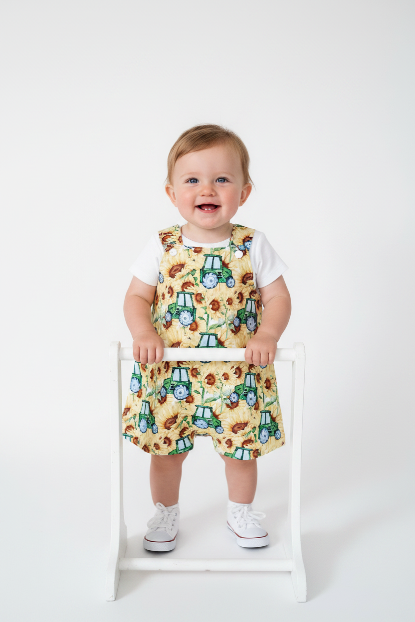 TRACTOR Baby / Toddler Overalls, Short Leg Romper, Size 1