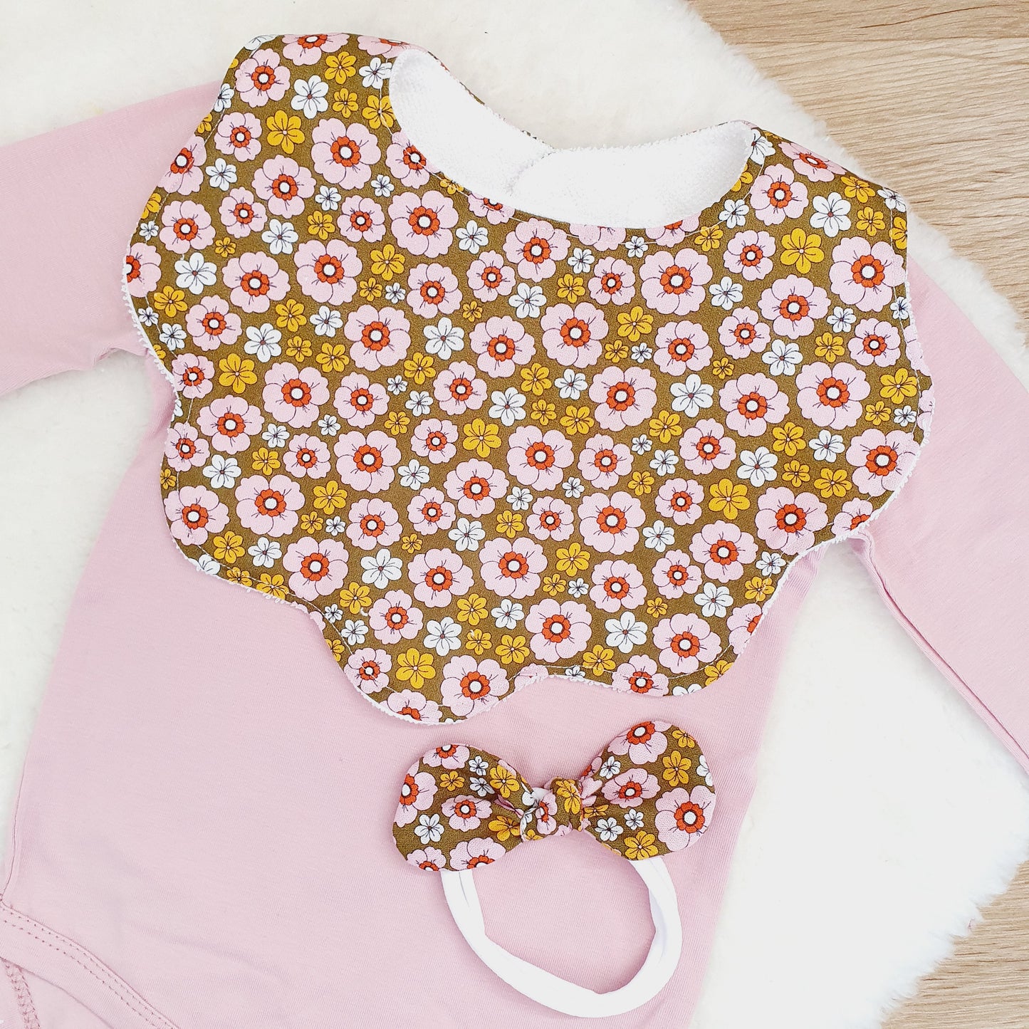 Groovy Handmade Scalloped Baby Bib and Headband Set