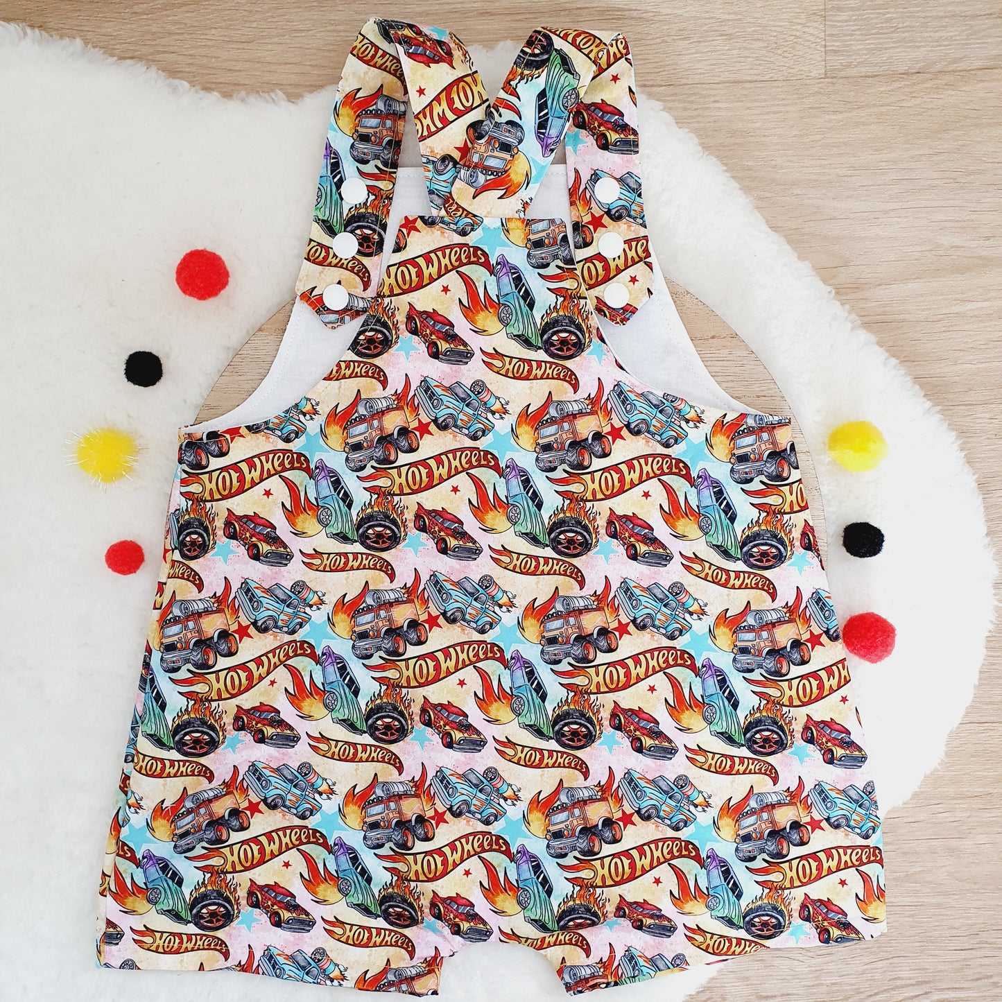 HOT WHEELS print Overalls, Baby / Toddler Overalls, Short Leg Romper, Size 2