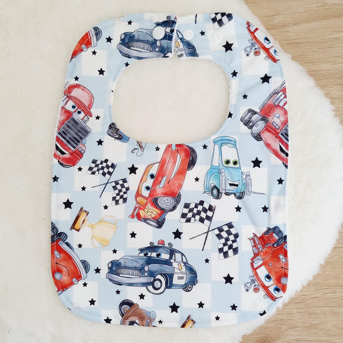 Cars print Bib, Handmade Baby Bib, Large Feeding Bib