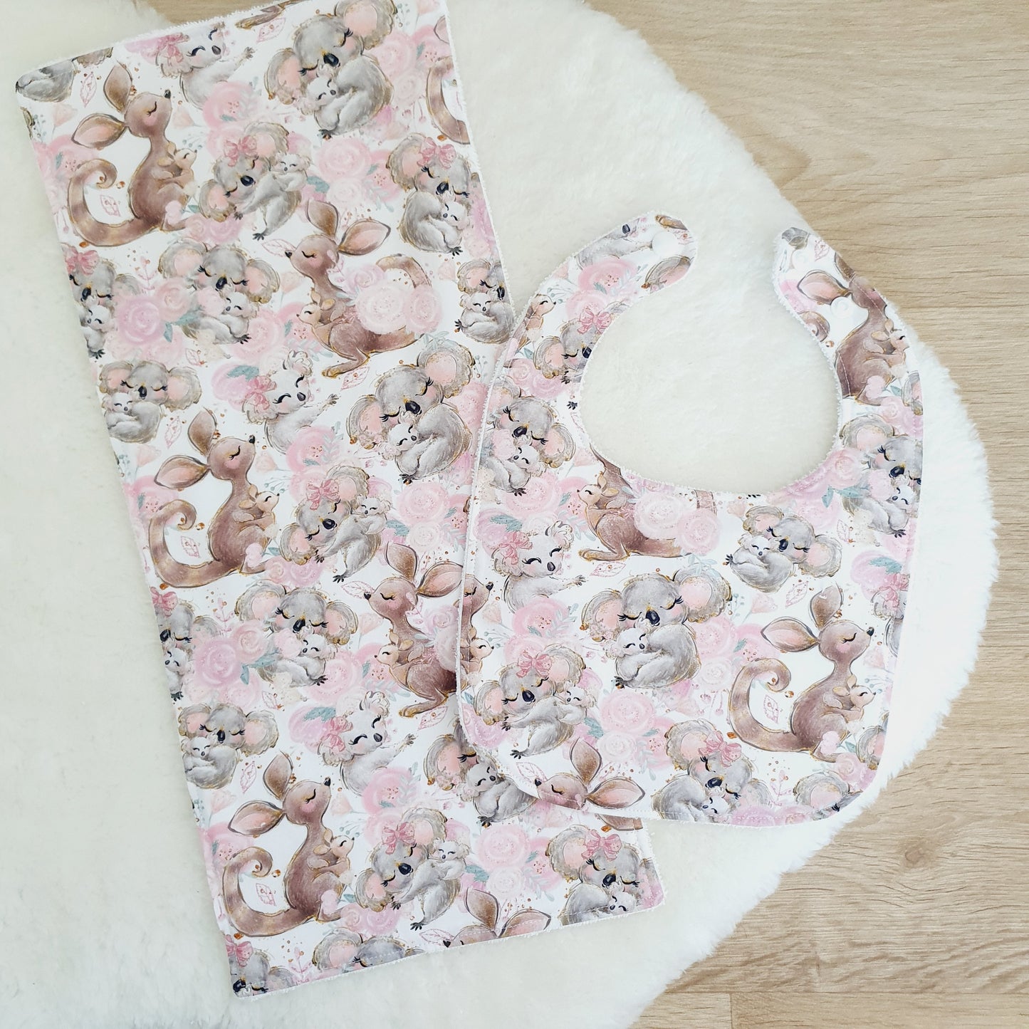 Kangaroo & Koala Joeys Baby Bib and Burp Cloth Gift Set, Baby Shower Gift, Newborn Gift