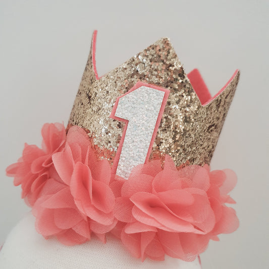 1st Birthday Crown / Party Hat / Headband - PEACHY PINK FLORAL