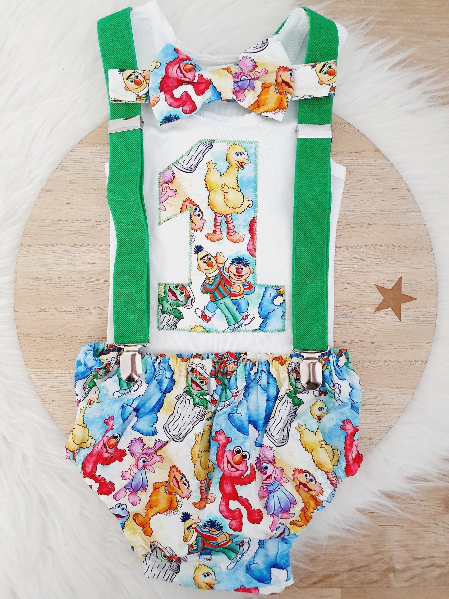 Sesame St print Boys 1st Birthday - Cake Smash Outfit - Size 0, Nappy Cover, Tie, Suspenders & Singlet Set, SESAME ST print