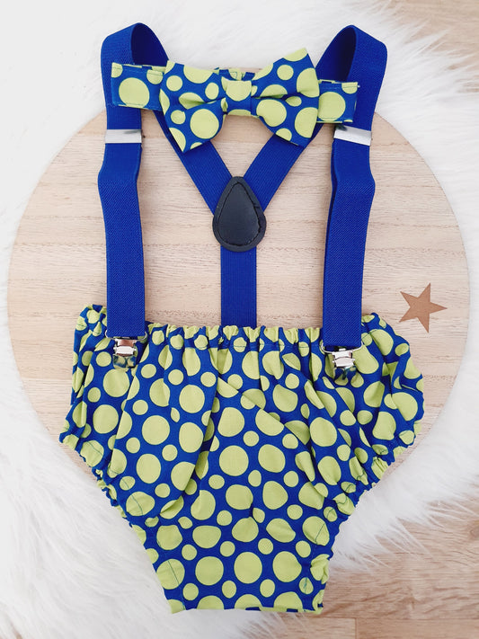 Boys Cake Smash Outfit, First Birthday Outfit, Size 1, 3 Piece Set, DARK BLUE / GREEN SPOT