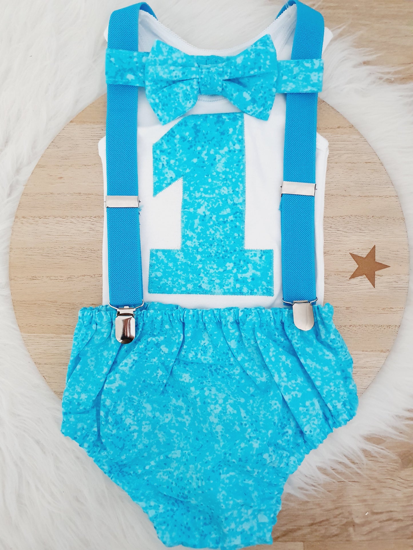 Blue Boys 1st Birthday Outfit - Cake Smash Outfit - Baby Boys Birthday Photoshoot Clothing, Size 0, Nappy Cover, Tie, Singlet & Suspenders Set - AQUA SPECKLE