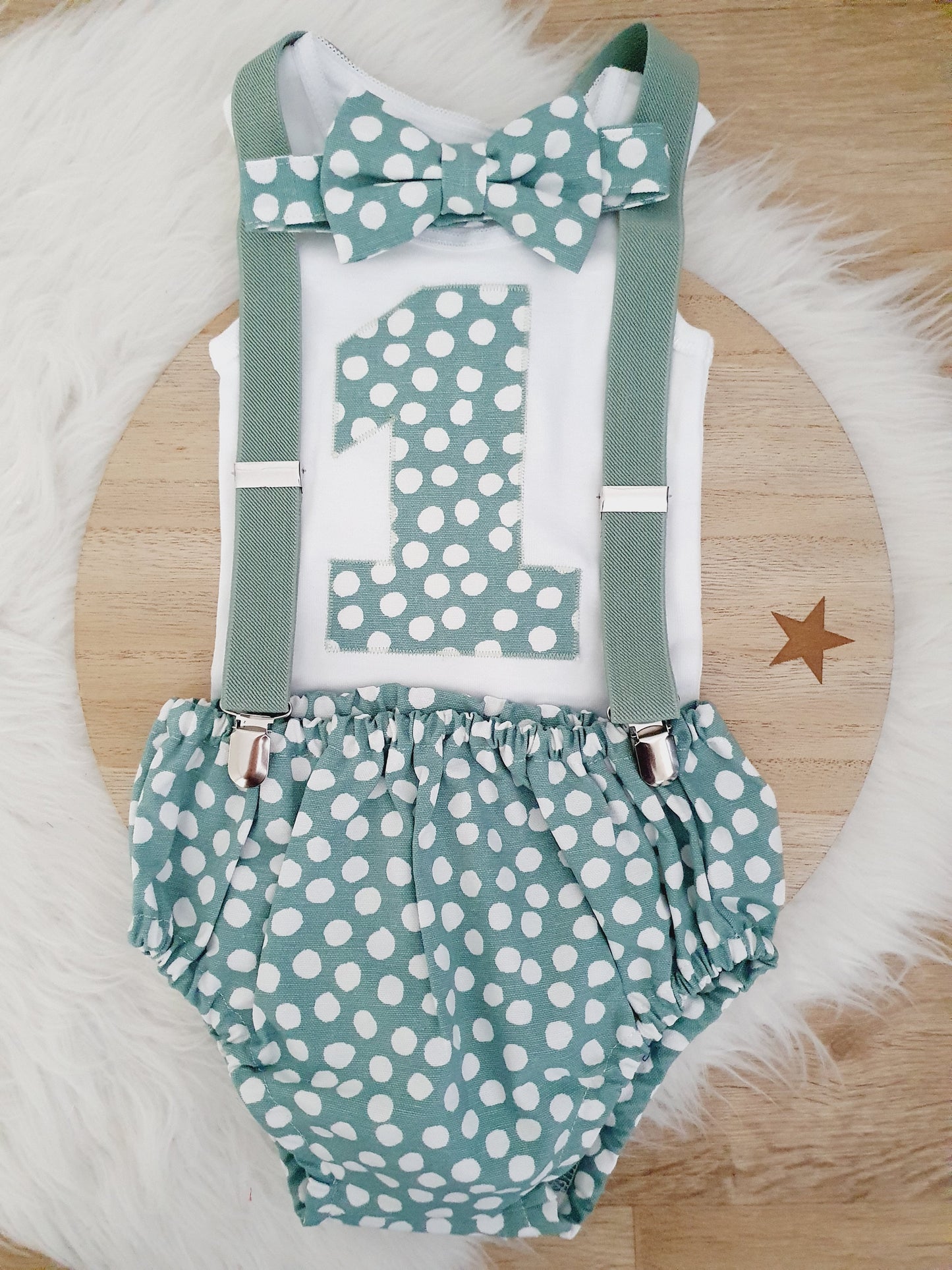Sage Boys 1st Birthday - Cake Smash Outfit - Baby Boys First Birthday Photoshoot Clothing - Size 1, Nappy Cover, Tie, Suspenders & Singlet Set, SAGE AND WHITE DOTS