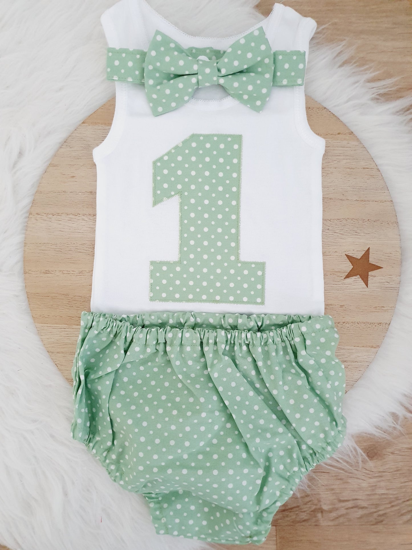 Boys 1st Birthday - Cake Smash Outfit - Size 1, Nappy Cover, Tie & Singlet Set, PALE GREEN
