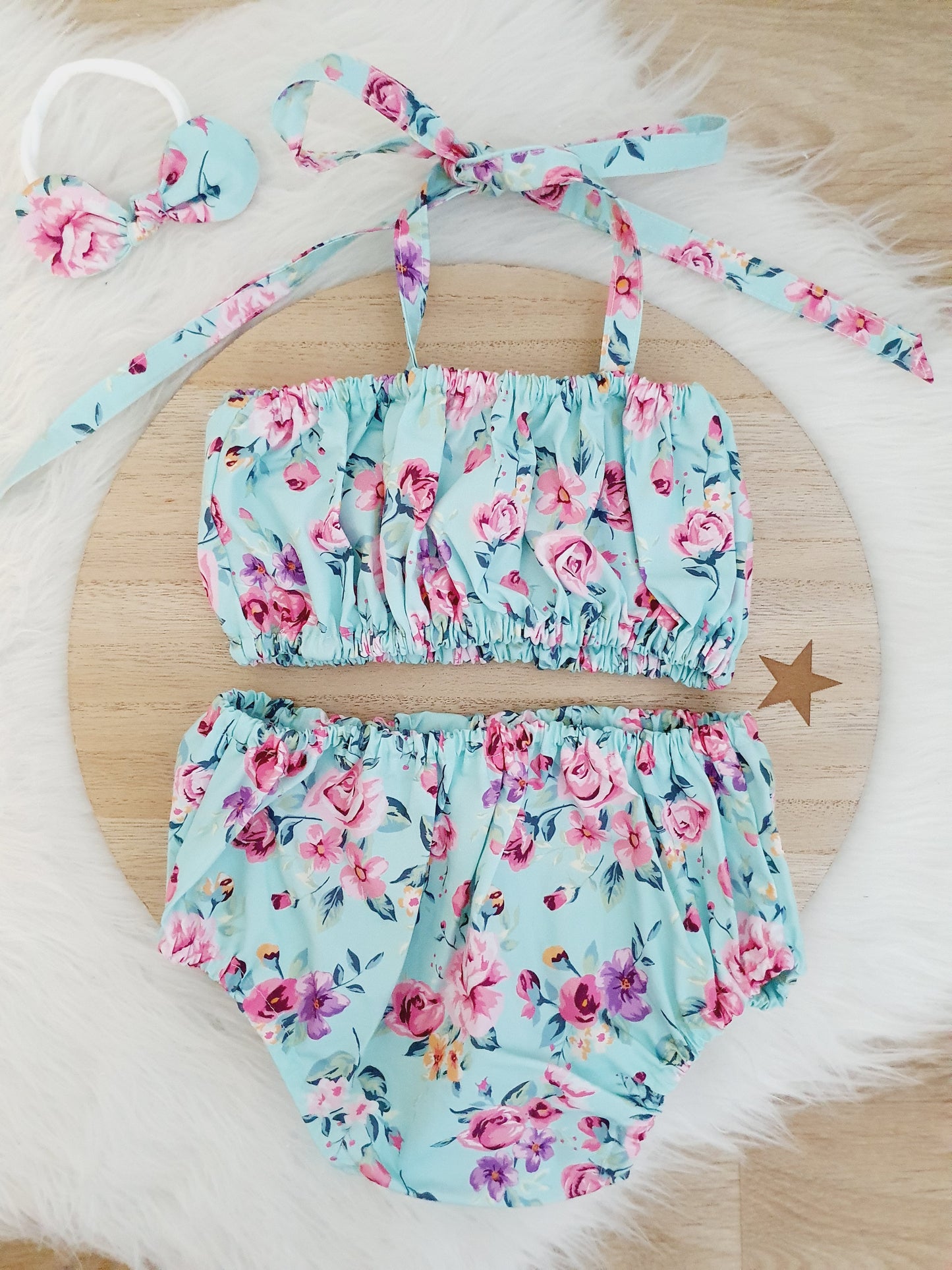 Floral Girls 1st Birthday - Cake Smash Outfit, Size 1, Nappy Cover, Headband & Crop Top Set - AQUA FLORAL