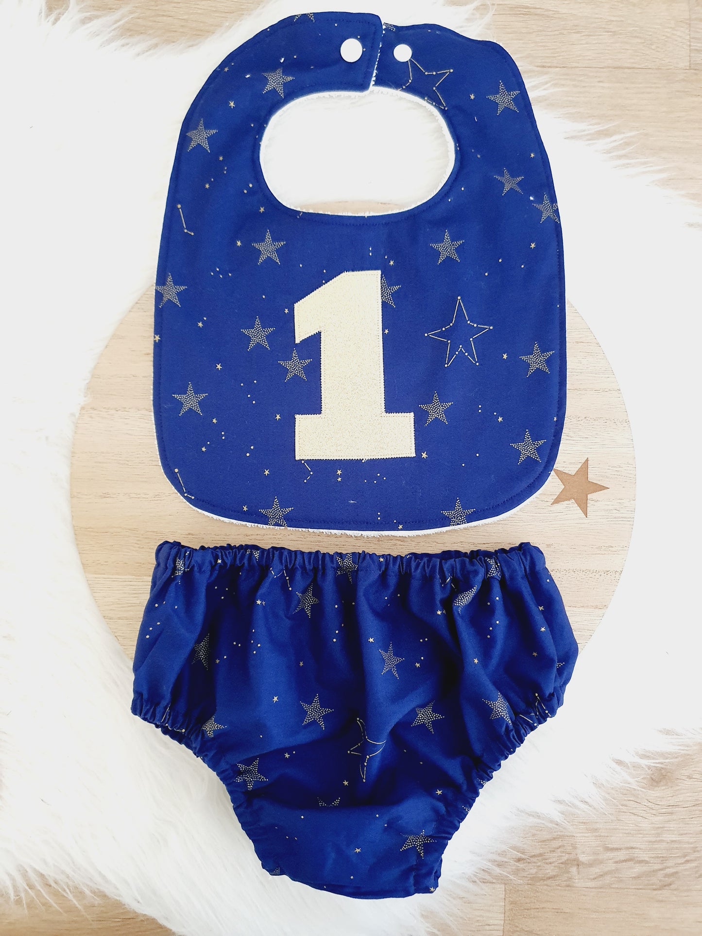 Stars First Birthday Outfit, 1st Birthday, Cake Smash Outfit, Nappy Cover & Bib Set, Size 0 - NAVY / GOLD