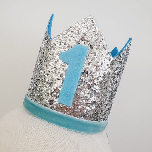 1st Birthday Crown / Party Hat / Headband - PALE BLUE / SILVER