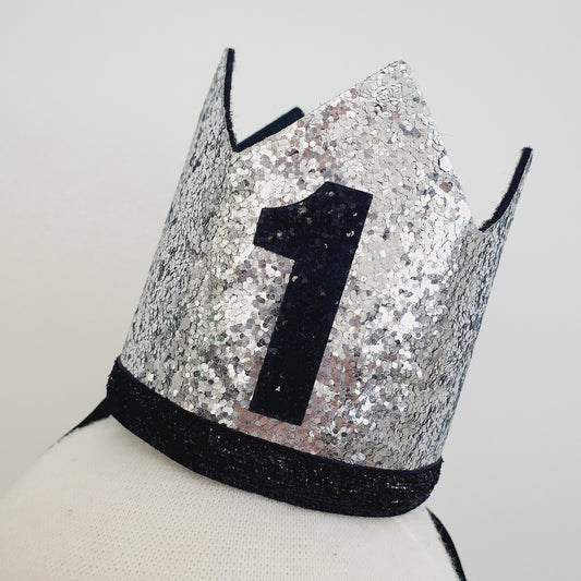 1st Birthday Crown / Party Hat / Headband - BLACK / SILVER