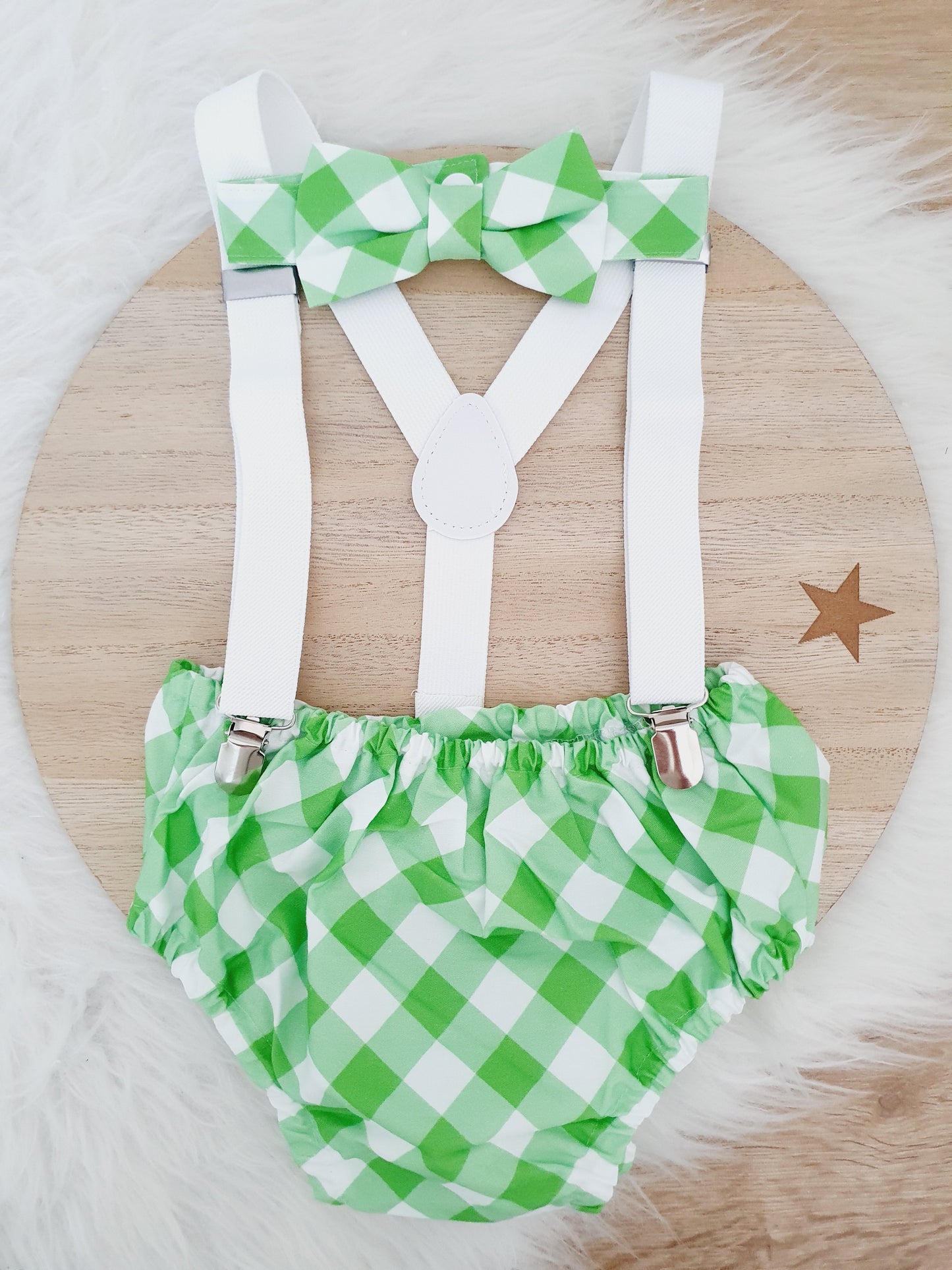 Boys Cake Smash Outfit, First Birthday Outfit, Size 0, 3 Piece Set - GREEN GINGHAM