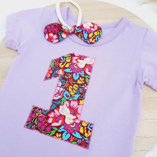Floral Girls 1st Birthday Short Sleeve Bodysuit with Headband, Size 1, First Birthday Outfit, Cake Smash Outfit, FLOWER GARDEN