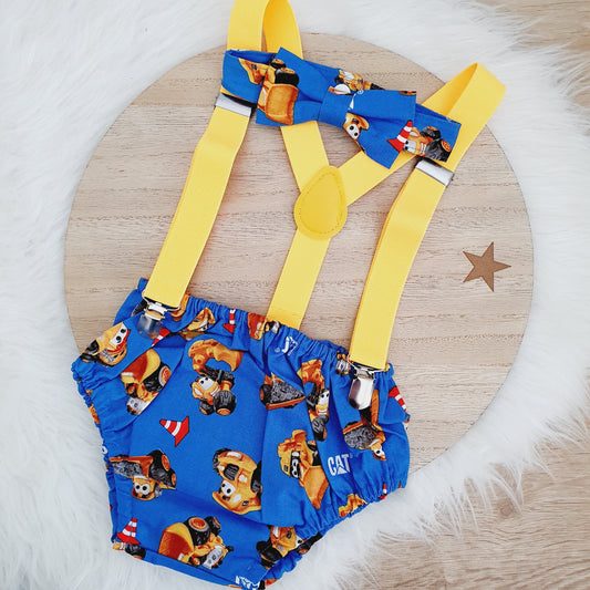 Boys Cake Smash Outfit, First Birthday Outfit, Size 0, 3 Piece Set - CONSTRUCTION