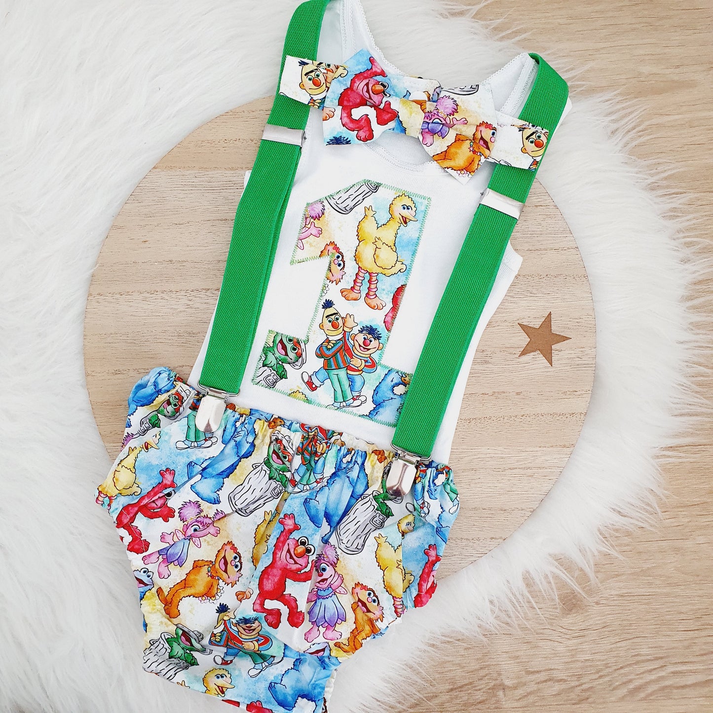 Sesame St print Boys 1st Birthday - Cake Smash Outfit - Size 0, Nappy Cover, Tie, Suspenders & Singlet Set, SESAME ST print
