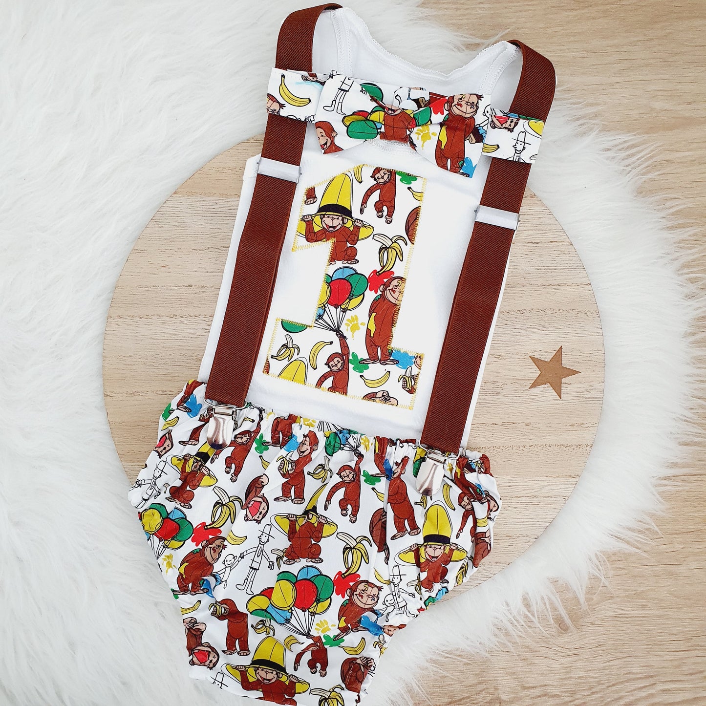 Curious George print Boys 1st Birthday - Cake Smash Outfit - Size 0, Nappy Cover, Tie, Singlet & Suspenders Set, CURIOUS MONKEY print