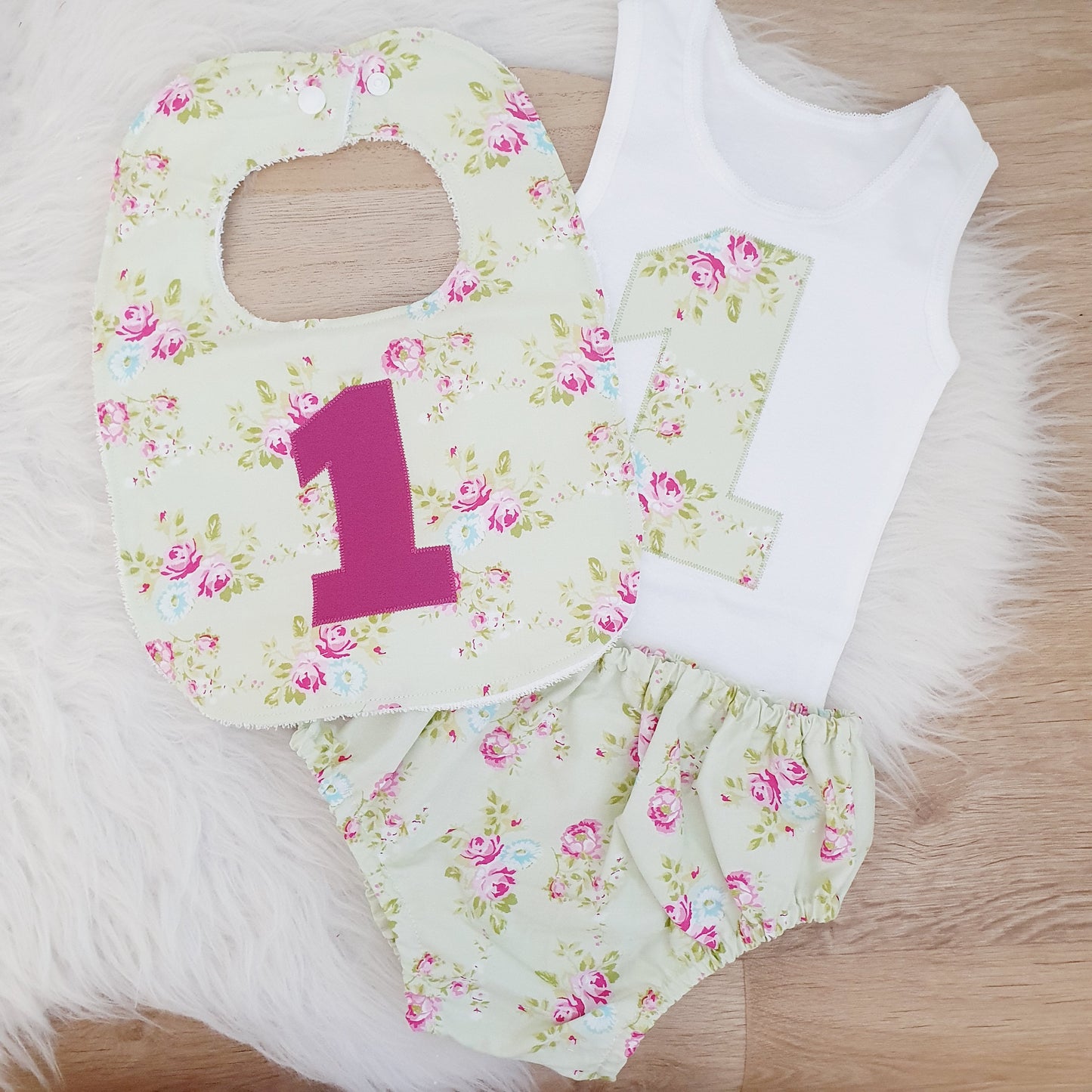 First Birthday Outfit, Cake Smash Outfit, Nappy Cover, Singlet & Bib Set, Size 1 - GREEN FLORAL