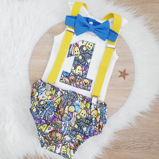 BANANAS print Boys 1st Birthday - Cake Smash Outfit - Size 1, Nappy Cover, Tie, Suspenders & Singlet Set
