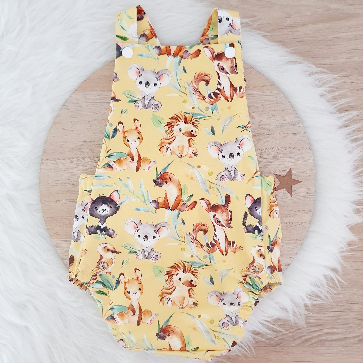 AUSSIE ANIMALS print Baby Romper, Handmade Baby Clothing, Size 0 - 1st Birthday Clothing / Cake Smash Outfit, 9 - 12 months