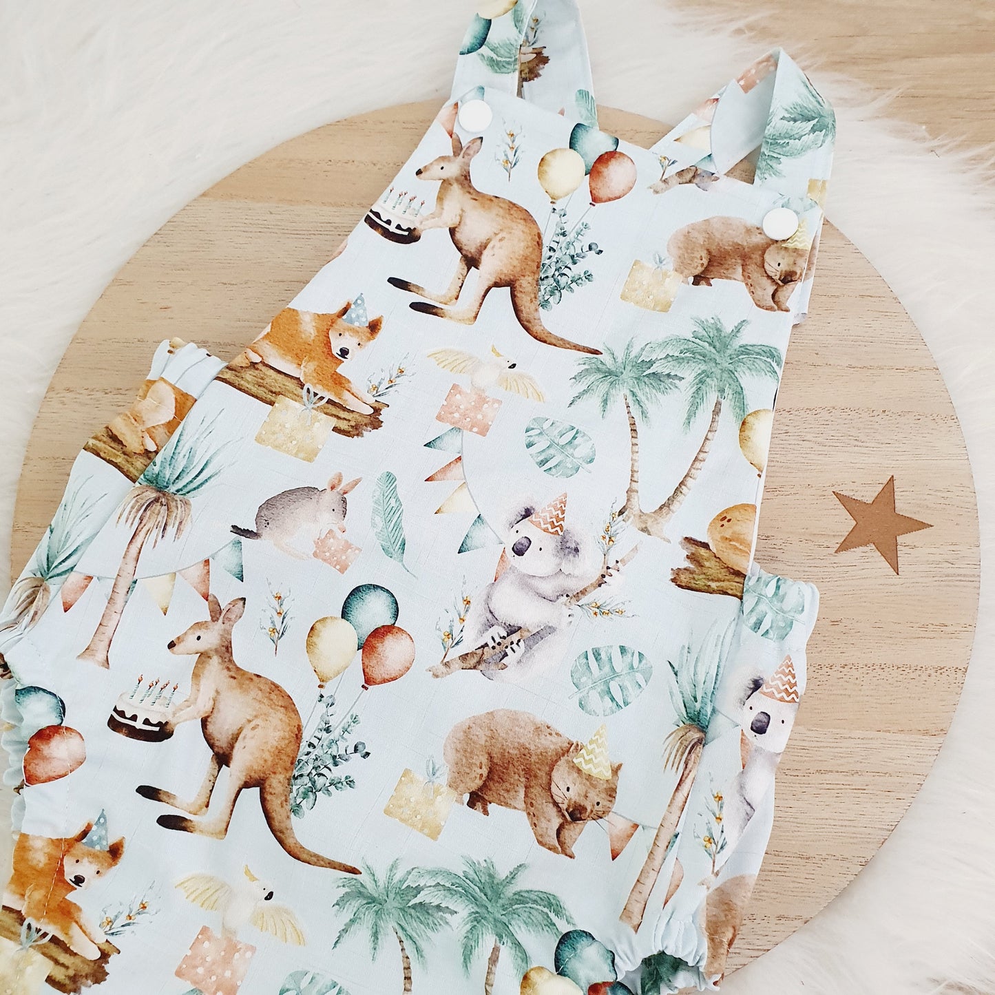ANIMAL PARTY Baby Romper, Handmade Baby Clothing, Size 0 - 1st Birthday Clothing / Cake Smash Outfit, 9 - 12 months