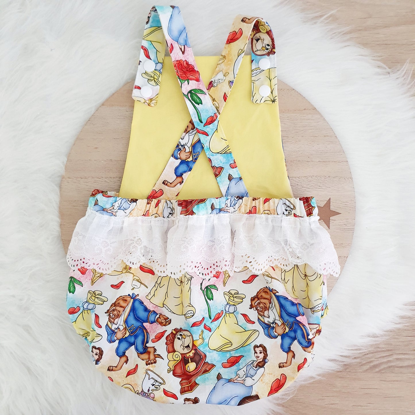 BELLE BEAUTY print Baby Romper with trim, Handmade Baby Clothing, Size 1 - 1st Birthday Clothing / Cake Smash Outfit, 12 - 18 months