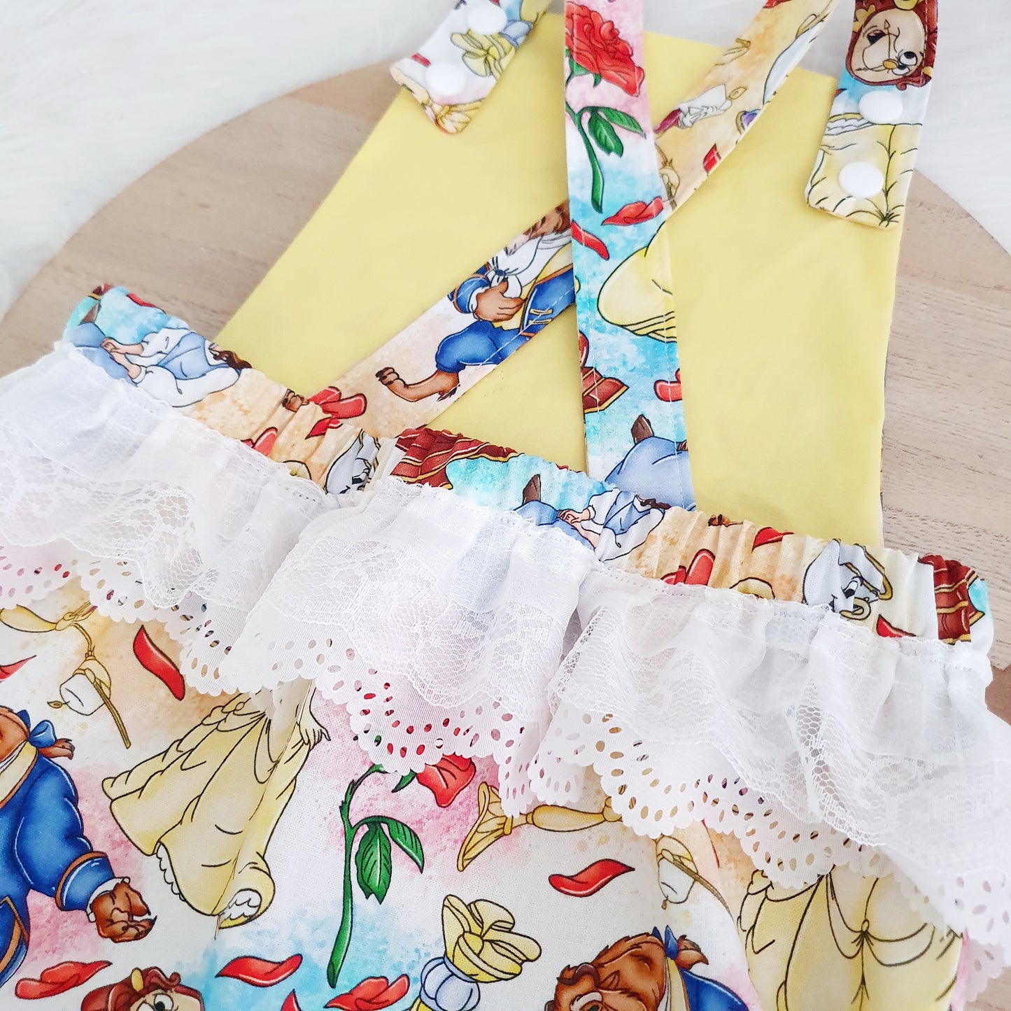 BELLE BEAUTY print Baby Romper with trim, Handmade Baby Clothing, Size 1 - 1st Birthday Clothing / Cake Smash Outfit, 12 - 18 months
