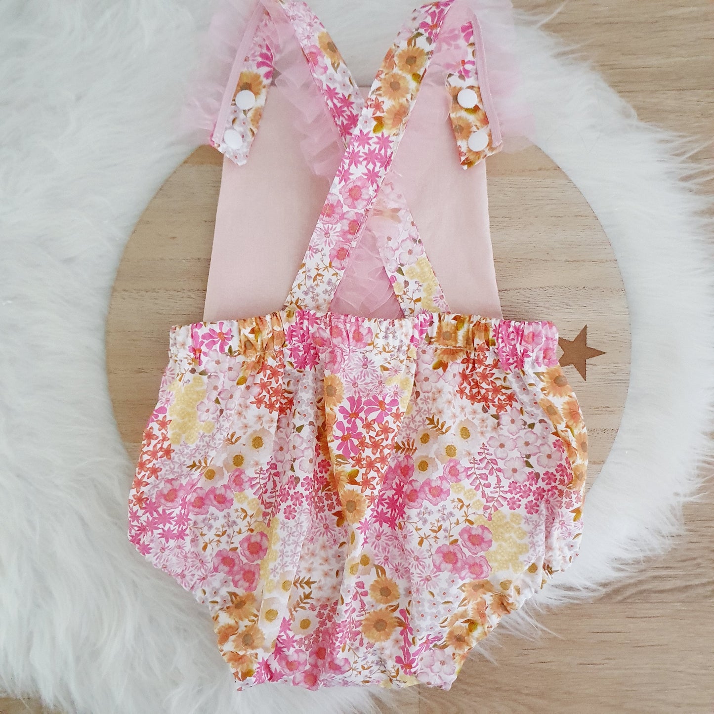 PINK / ORANGE Baby Romper with trim, Handmade Baby Clothing, Size 1 - 1st Birthday Clothing / Cake Smash Outfit, 12 - 18 months