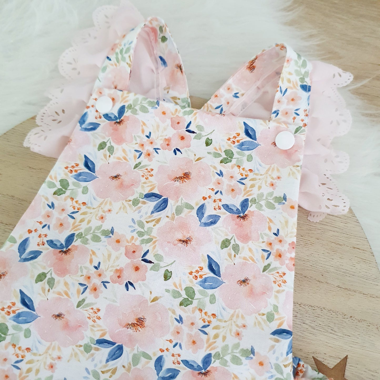 PEACHY BLOOMS Baby Romper with trim, Handmade Baby Clothing, Size 1 - 1st Birthday Clothing / Cake Smash Outfit, 12 - 18 months