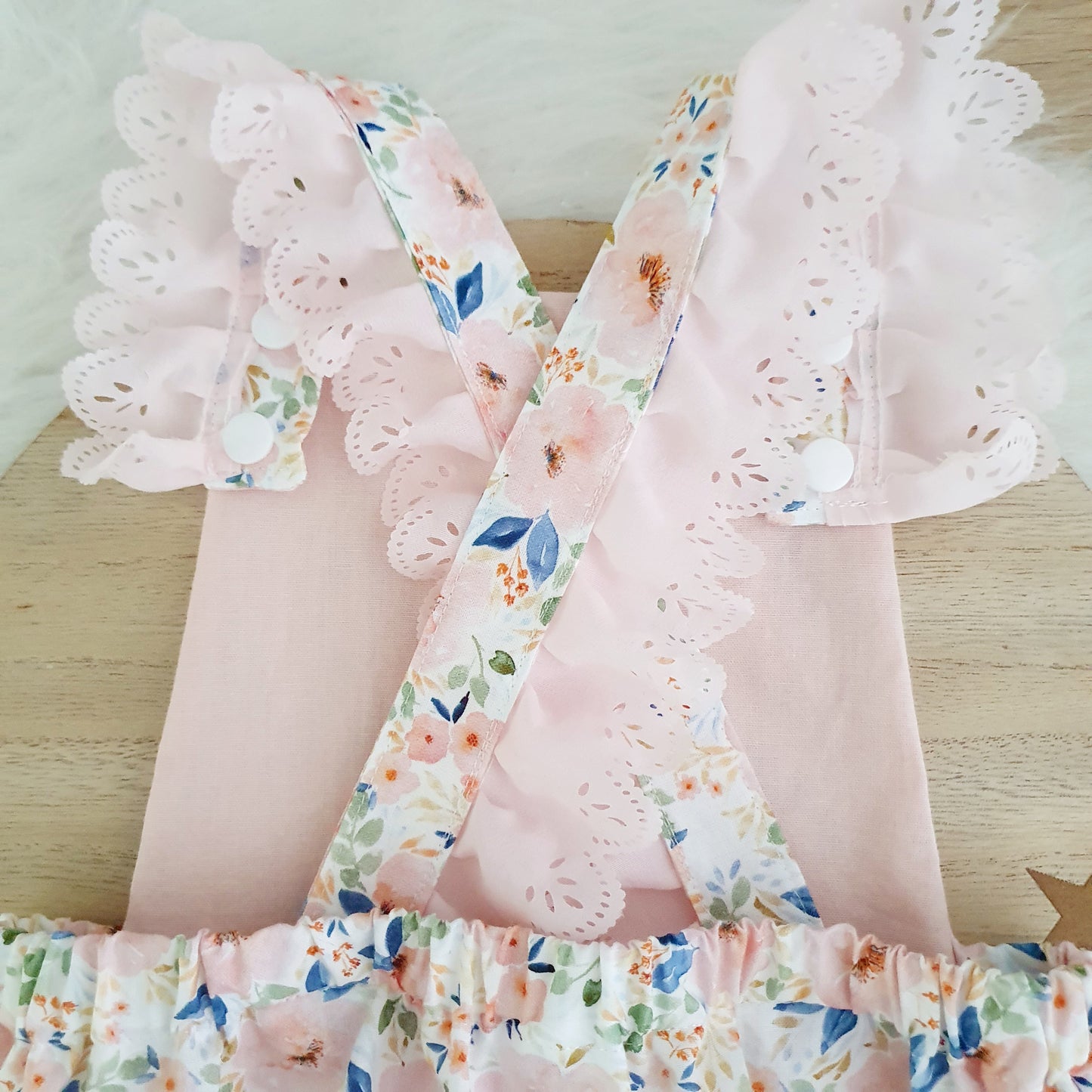 PEACHY BLOOMS Baby Romper with trim, Handmade Baby Clothing, Size 1 - 1st Birthday Clothing / Cake Smash Outfit, 12 - 18 months