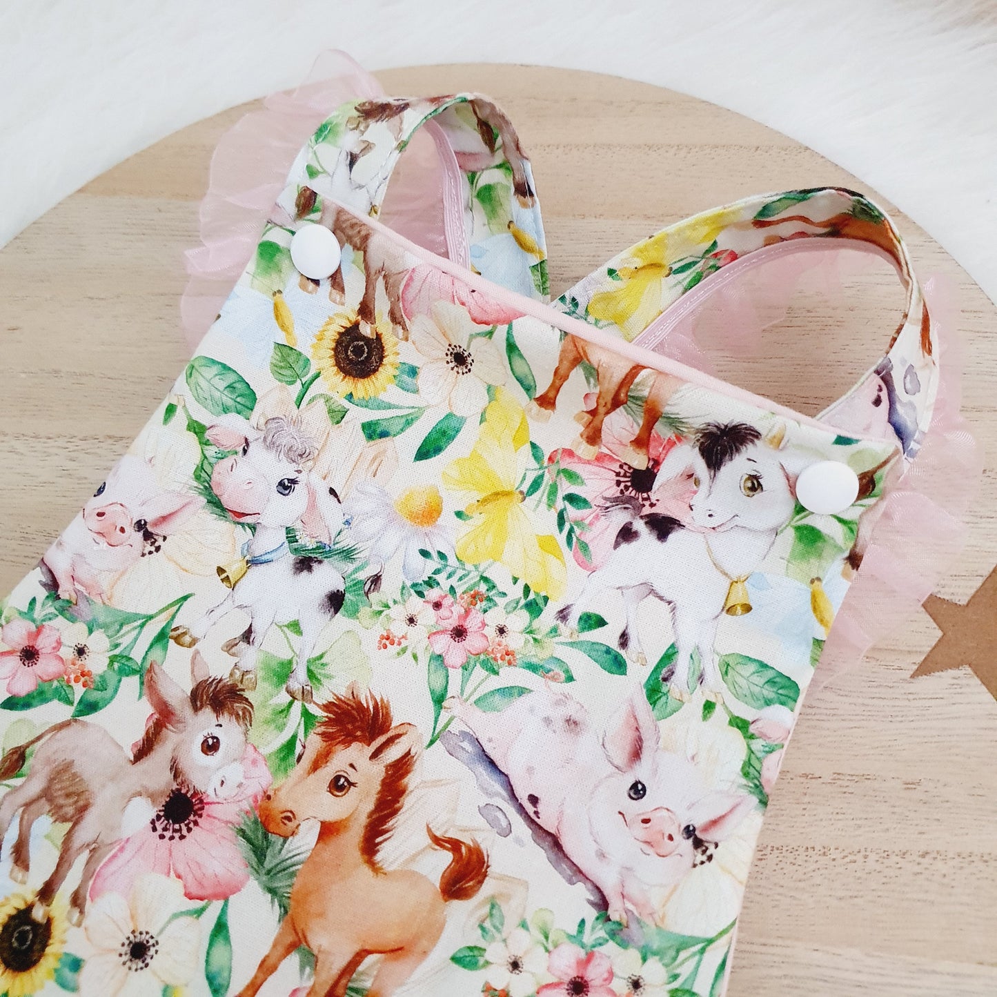 FARM ANIMALS Baby Romper with trim, Handmade Baby Clothing, Size 1 - 1st Birthday Clothing / Cake Smash Outfit, 12 - 18 months