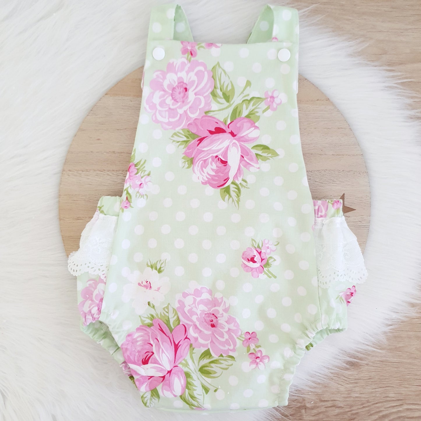 ROSEY GREEN Baby Romper with trim, Handmade Baby Clothing, Size 1 - 1st Birthday Clothing / Cake Smash Outfit, 12 - 18 months